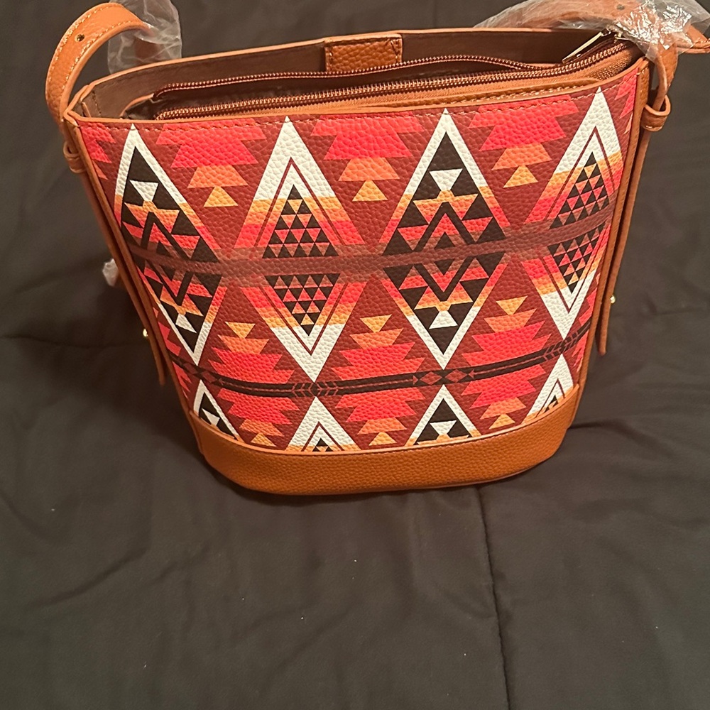 Geometric Patterned Tan and Red Women's Bag